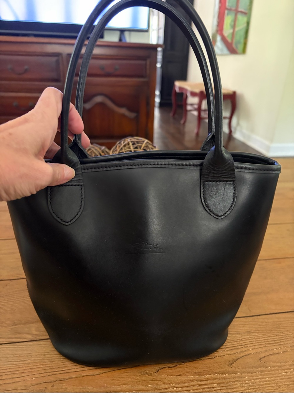Longchamp vintage small Black Leather Tote Bag with Double Handles